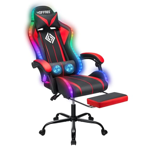 RGB Gaming Chair Massage with LED Lights and Footrest Ergonomic Computer Gaming Chair with High Back...