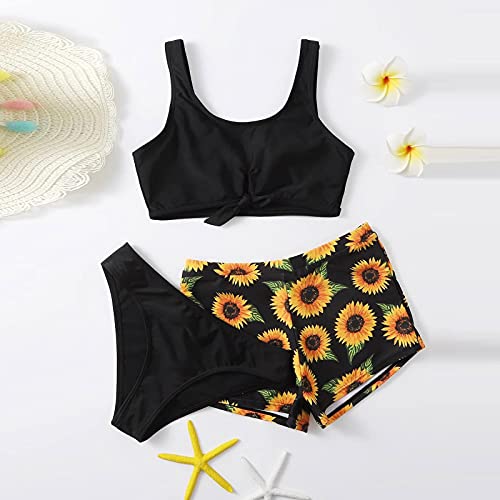 Girl's 3 Piece Cute Swimsuits Sunflower Print Bikini Bathing Suit High Waisted with Cover Cute (Black, 11-12 Years)2
