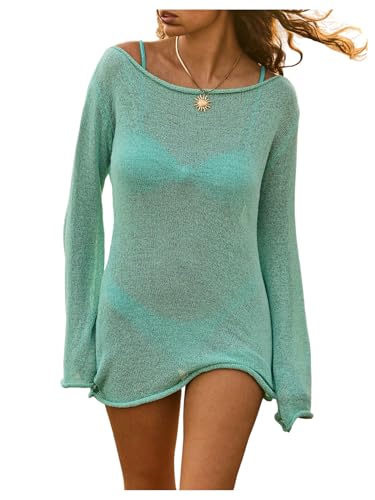 Women's Off Shoulder Knit Beach Dress See Through Long Sleeve Swimsuit Coverups Dresses Beachwear