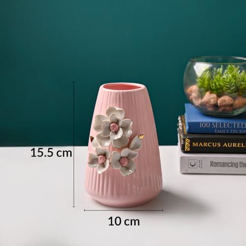 Image of MARKET 99 Ceramic Flower Vase (Pink) | Engraved Ribbed Floral Pattern | Decorative Floral Vase for Fresh & Artificial Flowers | Elegant Home, Living Room & Office Table Decor