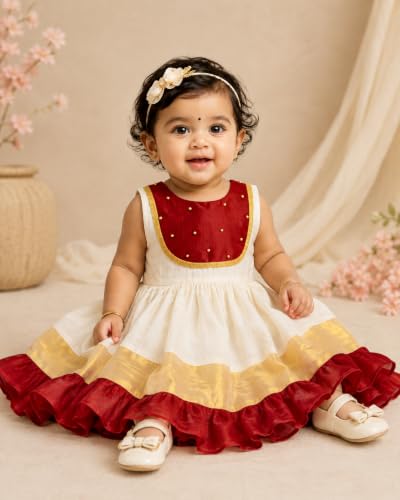 Image of Stanwells Kids Dress for Girls Embroidery Knee Length Traditional Applique Kerala Ethnic Frock for Baby Girls Zipper Beautiful Sleeveless Birthday Dress for Girls Cream & Green (4 Months-7 Years)