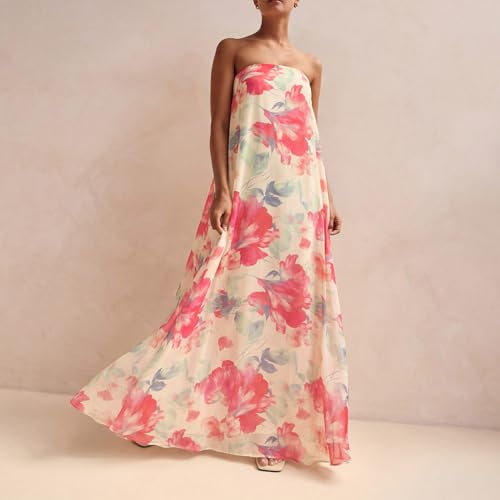Image of Zwirelz Women Strapless Maxi Dress Boho Floral Print Flowy Long Tube Dress Off Shoulder Loose Beach Sundress