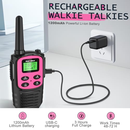 Image of MaxTalker Walkie Talkies Long Range for Adult, MT10 Rechargeable Walkie Talkies FRS Two Way Radio, NOAA, 1200mAh Li-ion Battery USB-C Cable, LED Flashlight,VOX Walkie Talkie for Camping 2Pack (Pink)