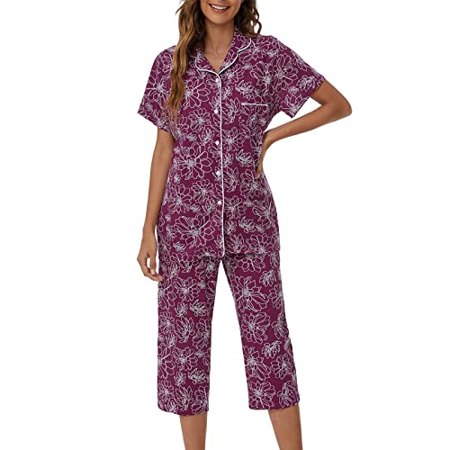 Image of Tugege Capri Pajamas Set Womens Button Down Short Sleeve Lounge Sets Sleepwear Notch Collar Top & Capri 2 Piece PJ Sets
