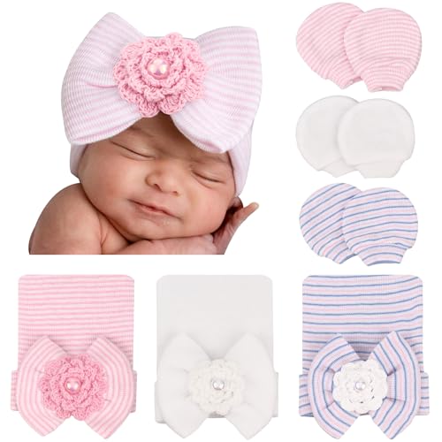 Image of DRESHOW BQUBO Newborn Hospital Hat Infant Baby Hat Cap with Big Bow Soft Cute Knot Nursery Beanie