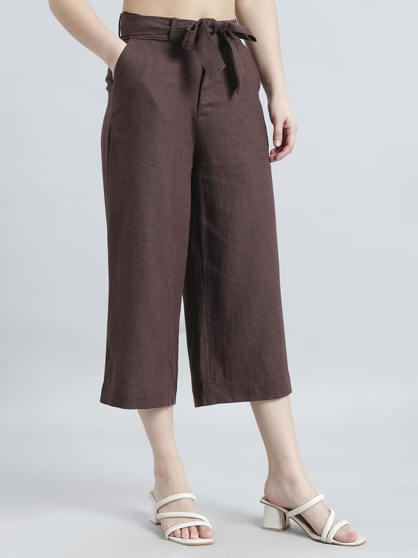 Image of GO COLORS Solid Linen Culottes for Women | High Rise, Side Pockets, Front tie-up