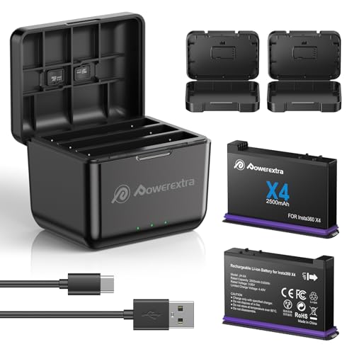 Replacement Insta360 X4 Battery for 360 X4 Accessories Powerextra 2Pcs 2500mAh Replacement insta360X4 Batteries with Fast Triple Slot Charger Hub Compatible with insta360 X4 Camera