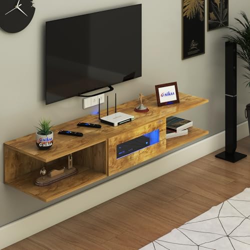 Image of Anikaa Vetra Wall Mount Modern Floating TV Unit for Living Room with Open Shelf Storage Cabinet & Middle Cabinet Blue LED Light (Ideal for 32 to 65 inch TV, DIY Installation, Gaintwood Finish)