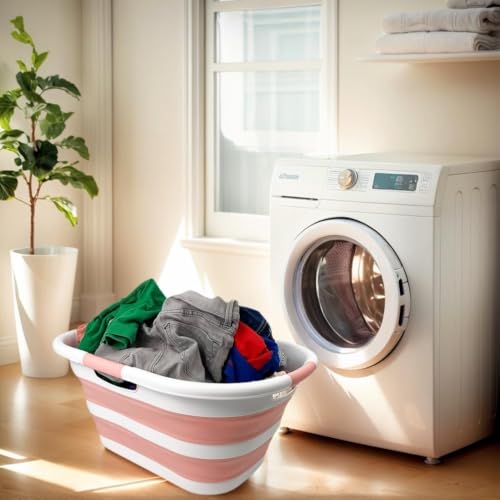 Image of SAMMART 40L (10.5 gallon) Set of 2 Collapsible Plastic Laundry Hamper - Foldable Pop Up Storage Container /Organizer - Portable Washing Tub - Space Saving Basket (2, White /Quartz Pink)