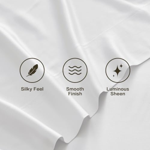 Image of Andency Sateen Sheets Set, 100% Viscose Derived from Bamboo, Hotel Luxury Silky & Cooling for Hot Sleepers, Deep Pocket Up to 16 inch, White Queen