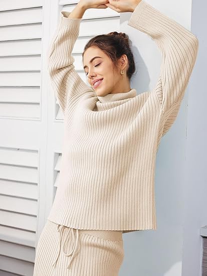 Image of TYSORT Women's Winter Woolen Turtleneck Sweater with Pajama | Warm Winter Wear Cord Set | Woolen Tracksuit Loungewear Set