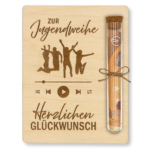 ZUKLA Verpackung für Geldgeschenke Jugendweihe - 13 x 10 cm - mit Reagenzglas - Geschenk für Jungen & Mädchen - Geldgeschenk Verpackung aus Holz