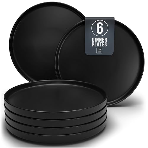 Manhattan Urban Black Line - 6-Piece Matte Black Dinner Plates Set - Premium Stoneware Dinnerware, Dishwasher and Microwave Safe - Stylish Plate Set for 6 - Pure Living's Elegant Dinner Set