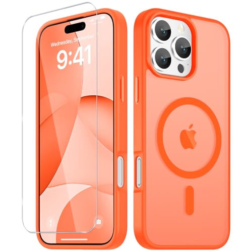 Image of YENAPOON for iPhone 16 Pro Max Case, Matte Magnetic Phone Cover [with 1 Screen Protector] [Support for MagSafe] [Shockproof Military Grade Protection] Translucent Frosted Back, Orange