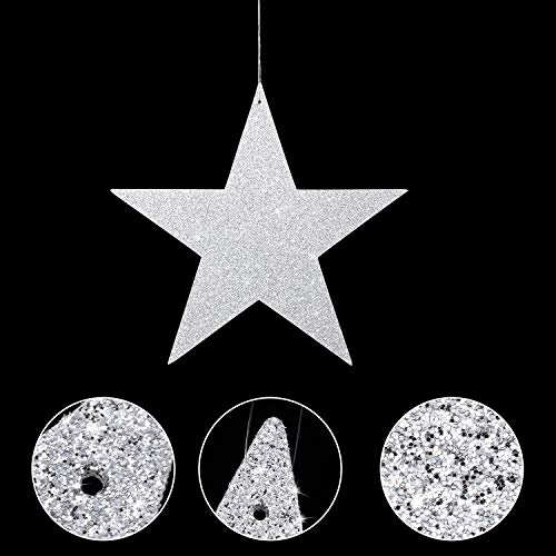 Boao 24 Pieces Silver Stars Cutouts Silver Cardboard Stars 4 Sizes 6cm/12cm/20cm/30cm Hanging Glitter Garlands with Nylon String for Wedding Birthday Party Classroom Wall Decor