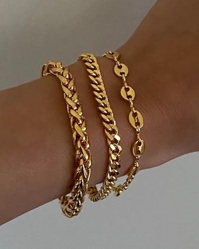 Waterproof Gold Chain Bracelet For Women Non Tarnish,14K Gold Plated Stainless Steel Link Dainty Bracelets Stake Layered Bracelet Set Hypoallergen Gold Jewelry