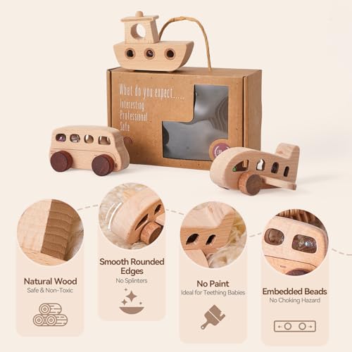 Image of Wooden Cars for Toddlers 1-3, Wooden Vehicles Baby Cars Set with Bus, Airplane and Boat, Montessori Rattle Toys with Rolling Beads, Ideal for Boys and Girls