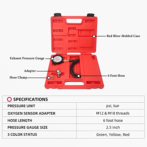 Exhaust Back Pressure Tester With 6-Foot Hose, Exhaust Back Pressure Gauge 2.5" Gauge With Rubber Protector Two Multi-Colored Bands Catalytic Converter Test Kit With Adapter (M12&M18) #TOP1