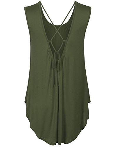 Kogmo Womens Solid Short Sleeve Tunic Top With Open Back Spaghetti Strap Tie-S-Olive #TOP1
