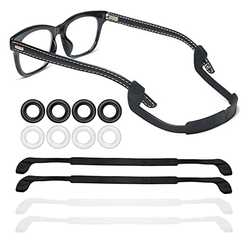 4 x rutschfeste Silikon-Brillenbänder mit 4 Paar Ohrbügel, weiche Brillenhalter für Kinder und Erwachsene, Sport, schwarz, weiß Cover