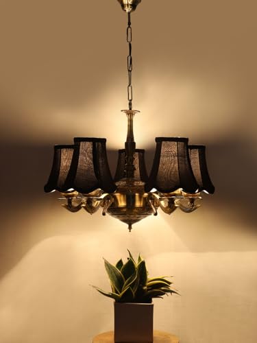 Image of Devansh 05 Lights Black Vintage Cotton Shade with Antique Golden Chandelier -M