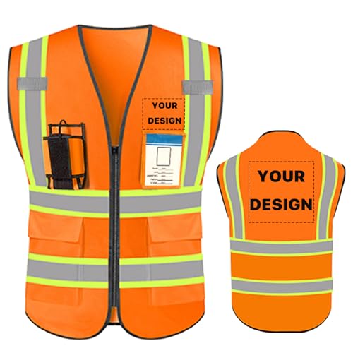 YOWESHOP High Visibility Reflective Safety Vest with Pockets Custom Your Logo Safety Workwear, Orange M