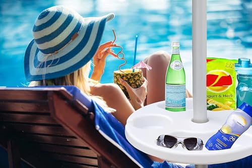 AMMSUN 13" Beach Umbrella Table Tray for Beach, Patio, Garden, Swimming Pool with Cup Holders, Snack Compartments White