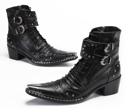 Santimon Men's Dress Casual Western Cowboy Boots - Leather Mid-Top Motorcycle Boots with Metal Pointed Toe for Weddings & Parties Disco Bar4