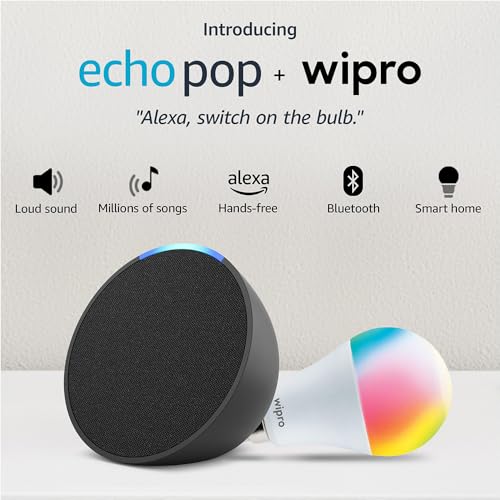 Image of Echo Pop (Black) Smart Home combo with Wipro 9W LED Smart Color Bulb