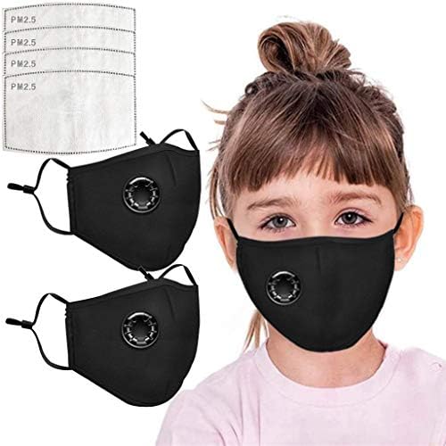Kinple 4pcs Cotton Face Màsc Bandanas, 8 Replaced Filter for Children, with Breathing Valve, Washable/Reusable (Black)