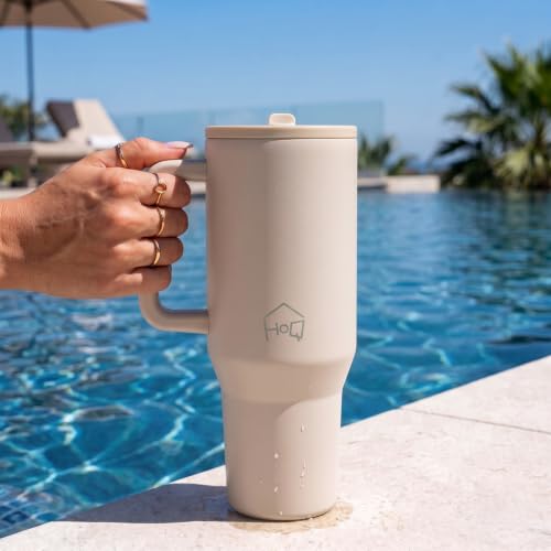Image of House of Quirk 1200ML Tumbler with Handle & Simple Flip Straw - Car Cup Holder Friendly, Leak Resistant Stainless Steel Water Bottle with Rubber Base (Oat)
