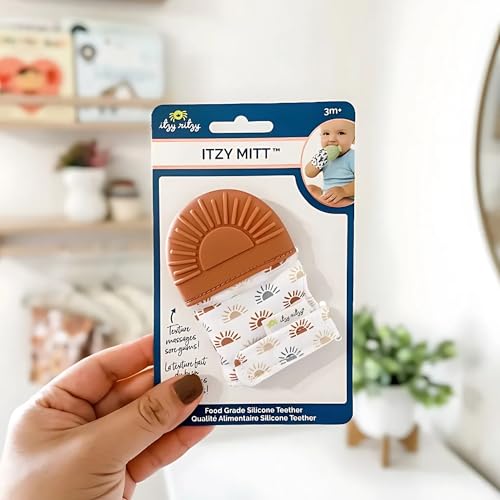 Image of Itzy Ritzy Silicone Teething Mitt - Soothing Infant Teething Mitten with Adjustable Strap, Crinkle Sound & Textured Silicone to Soothe Sore & Swollen Gums - for Ages 3 Months & Up (Terracotta Sun)