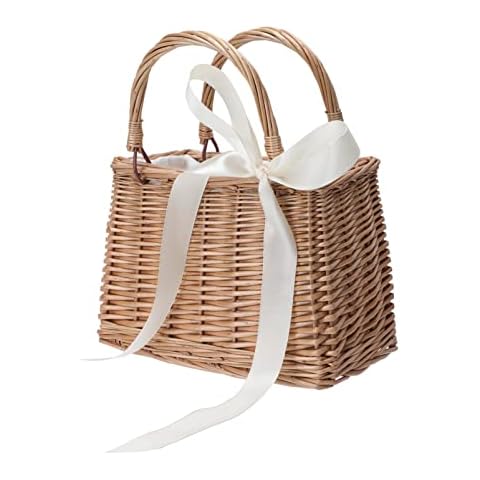 ABOOFAN Wicker Handbag Woven Rattan Storage Basket Top Handles Wedding Flower Girl Baskets Boho Style Beach Bag Straw Tote Retro Summer Clutch Beach Basket Purse White Cover