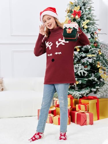 Image of Haloumoning Girls Christmas Sweater Kids Oversized Turtleneck Cute Reindeer Sweaters with Side Slit