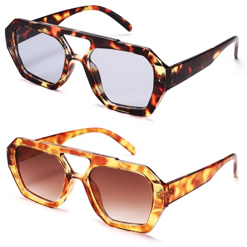 Retro Aviator Sunglasses for Women Men - Trendy Hexagonal Thick Frame Shades Square Sun Glasses