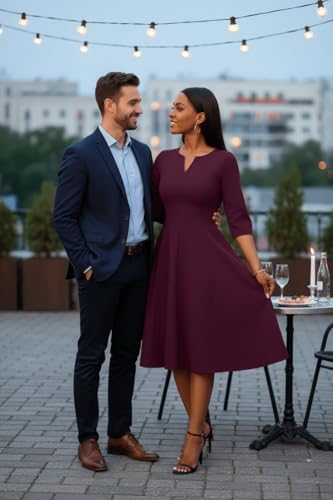 Image of Nmoder Midi Dresses for Women A-Line Fit and Flare Dress 3 /4 Sleeve V Neck Cocktail Wedding Guest Work Dress with Pockets