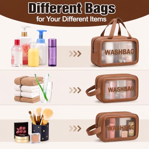 Image of FLYNGO Clear Makeup Pouch Set, Cosmetic Organizer Bag for Women and Girls Travel Waterproof Toiletry Storage Kit (Set of 3 Tan Brown)