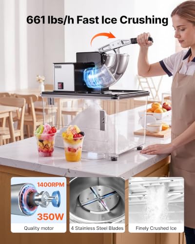 Image of VEVOR Commercial Ice Crusher 661LBS /H, 350W Electric Snow Cone Machine with 4 Blades, 2000RPM Stainless Steel Shaved Ice Machine with 11 Gal Crushed-Ice Box, for Family Restaurants Bars, Black