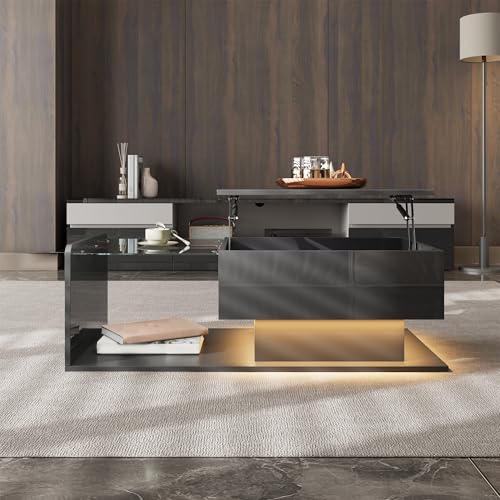 QSOST Table Basse Relevable LED – Plateau Verre Trempé Laqué Brillant, Hauteur Réglable 33-47,5 cm, Rangement Caché – Blanc/Noir (Black)