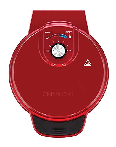 Chefman Anti-Overflow Belgian Waffle Maker w/Shade Selector, Temperature Control, Mess Free Moat, Round Iron w/Nonstick Plates & Cool Touch Handle, Measuring Cup Included, Red