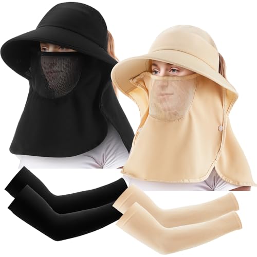 Yearntown 4 Pcs Women Fishing Hat Ponytail Sun Hat UPF 50+ UV Protection Wide Brim with Removable Breathable Face Cover & Cooling Arm Sleeves & Neck Flap for Fishing Summer Hiking Garden