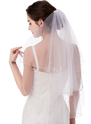 Emondora 2T Short Sequin Pearl Edge Crystals Beaded Bling Wedding Bridal Veil (One Size, Ts01Ivory) #TOP1