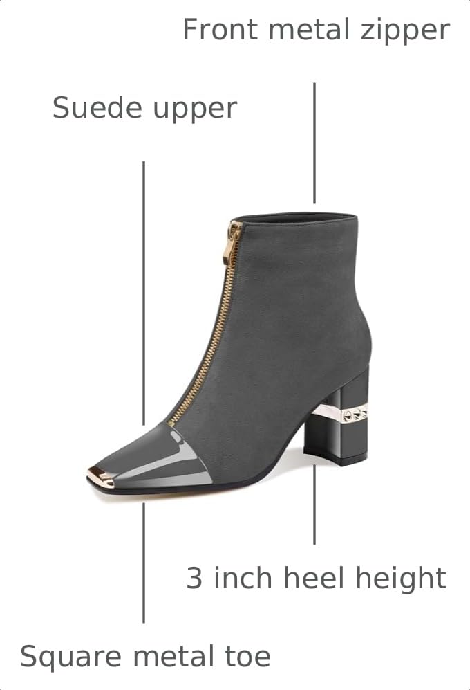 Image of XINIUNIU Women's Ankle Boots Block Chunky Heels Booties Metal Square Toe Suede Front Zipper 3 Inch Short Boot Dress