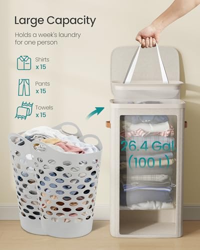 Image of SONGMICS Laundry Basket, 26.4 Gal. Laundry Hamper, Easy Assembly, with Lid and Handles, Removable Liner, 16.5 x 12.6 x 29.5 Inches, Cappuccino Beige ULCB811LH01