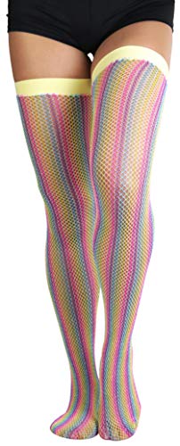 Image of ToBeInStyle Women's Rainbow Bright Multicolor Nylon Thigh High Stockings