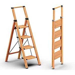 GameGem Folding Step Ladder, 4 Step Ladder with Anti-Slip and Wide Pedal, Lightweight Aluminum Step Stool with Handgrip, Space Saving Stepladder for Home and Kitchen, 330 lbs Capacity (Woodgrin