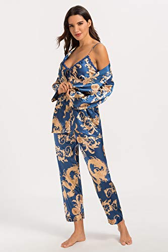 Escalier Women's Silk Satin Pajamas Set 3 Pcs Floral Silky Pj Sets Sleepwear Cami Nightwear with Robe and Pant2
