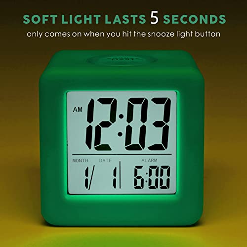 Plumeet Digital Alarm Clock Kids Clock with Snooze and White Nightlight - Easy Setting Travel Alarm Clocks Display Time, Date, Alarm - Ascending Sound - Battery Powered (Cyan)