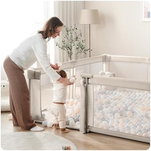 Sweeby Baby Playpen, 79x71 Inch Baby Gate Playpens for Babies and Toddlers, Extra Large Playpen with Door Play Yard for Fence Indoor and Outdoor Play Pen, Khaki Stripe