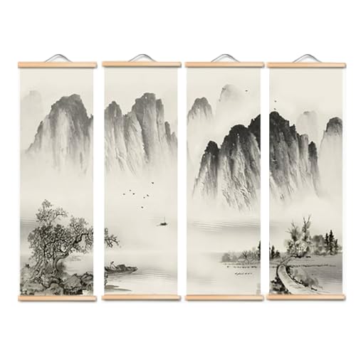Déco Murale Montagne Lavis d'Encre | Set de 4 Rouleaux Aquarelles